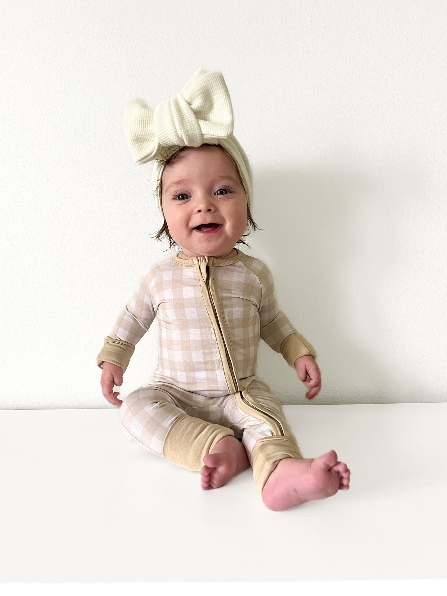 BEIGE GINGHAM | ZIP ROMPER