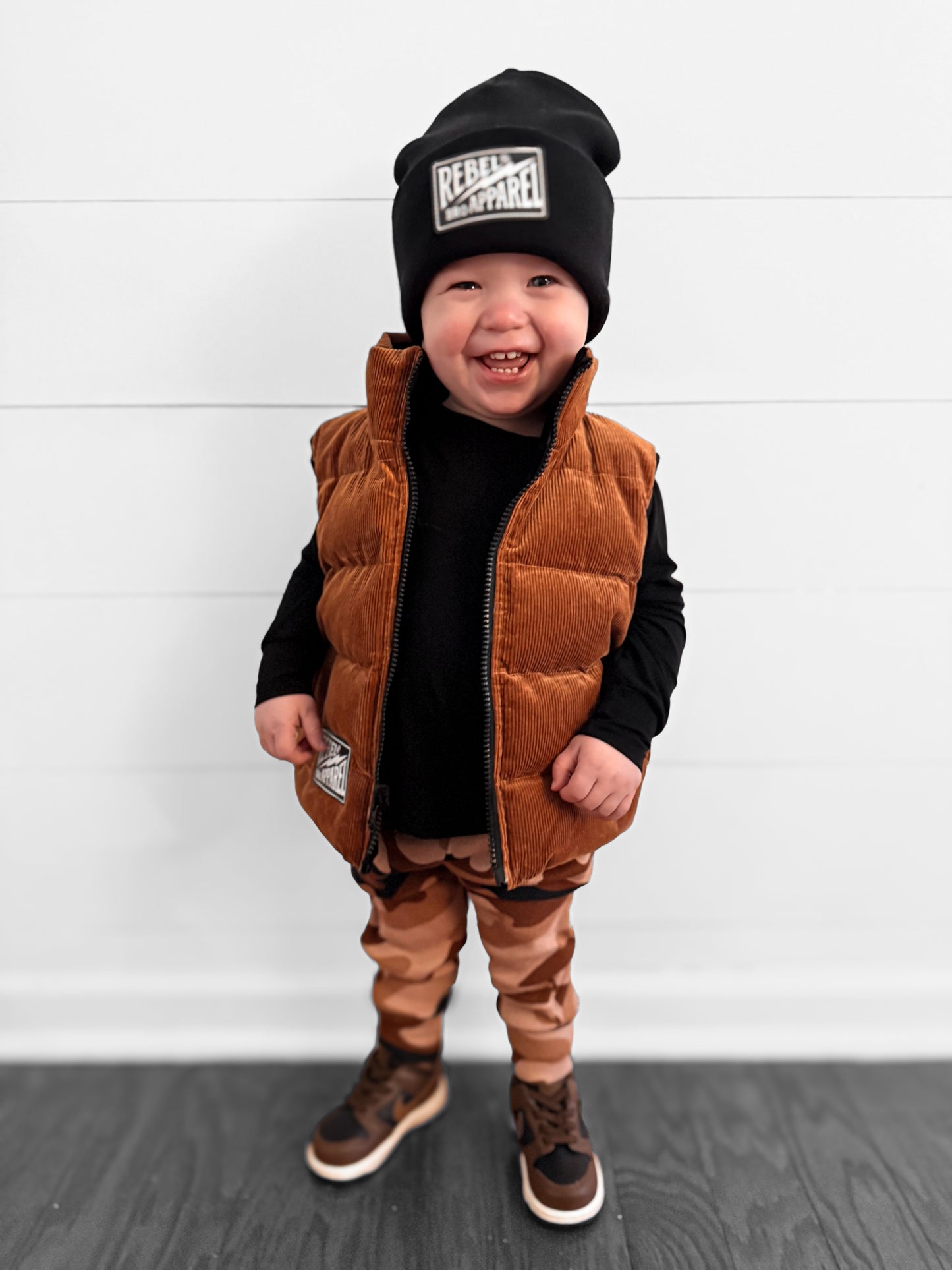 Reversible Puffer Vest in Rust + Black Corduroy