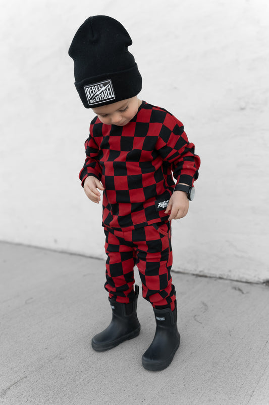 Organic Ribbed Set in Smoke + Crimson