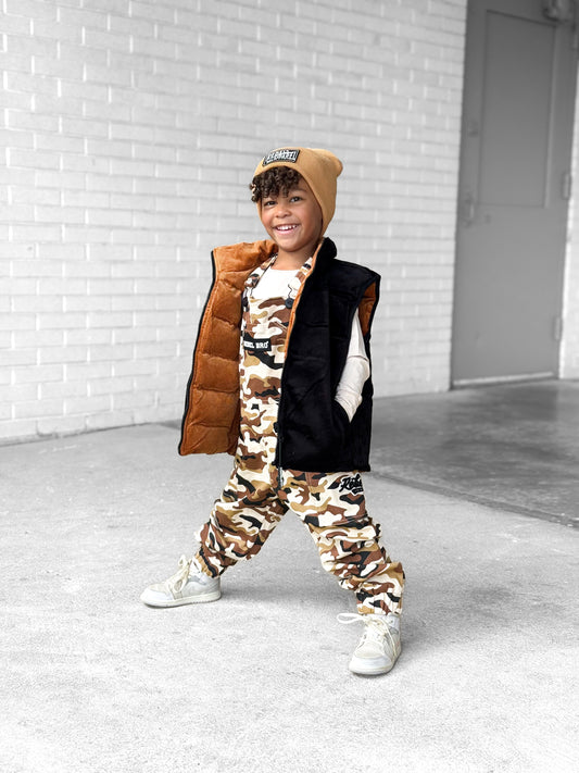 Reversible Puffer Vest in Rust + Black Corduroy