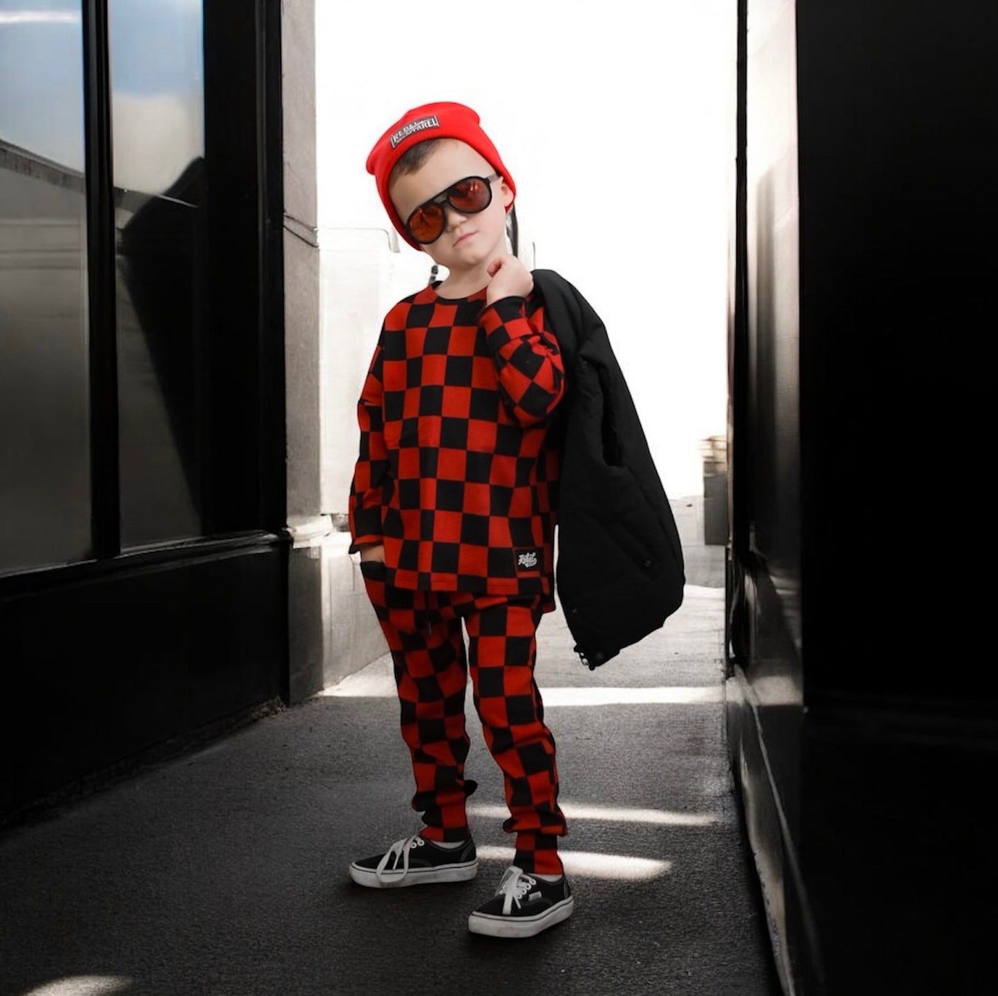 Organic Ribbed Set in Smoke + Crimson