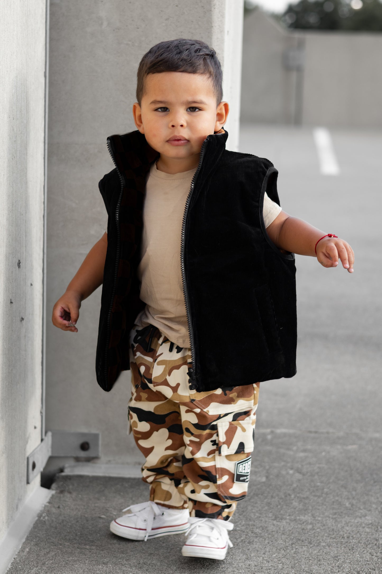 Reversible Puffer Vest in Rust + Black Corduroy