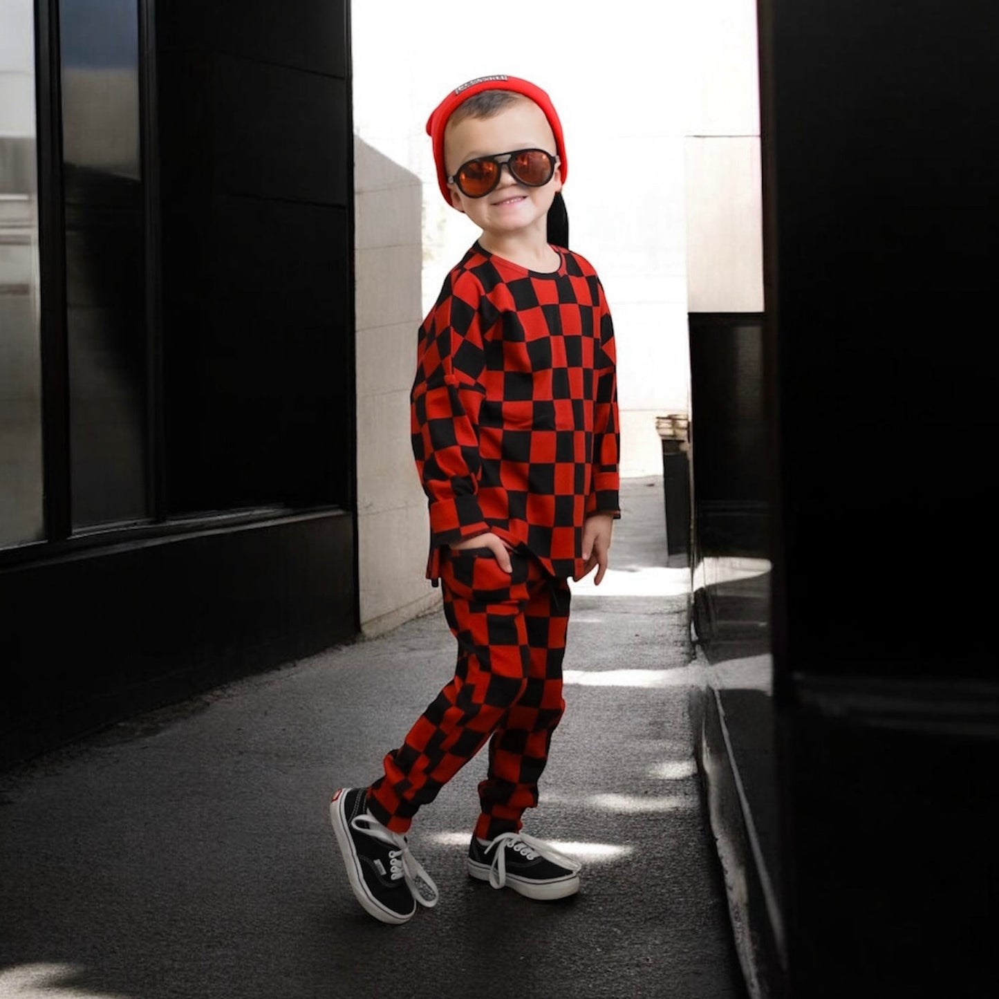 Organic Ribbed Set in Smoke + Crimson