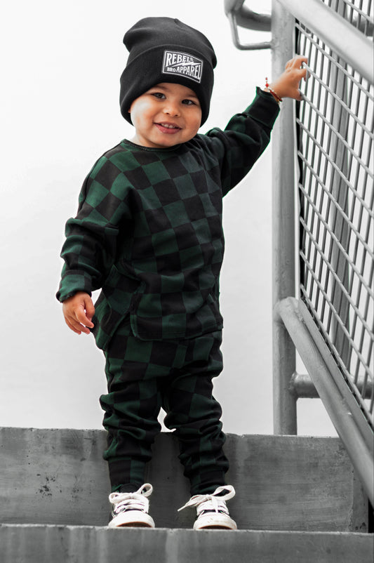 Organic Ribbed Set in Smoke + Midnight Emerald