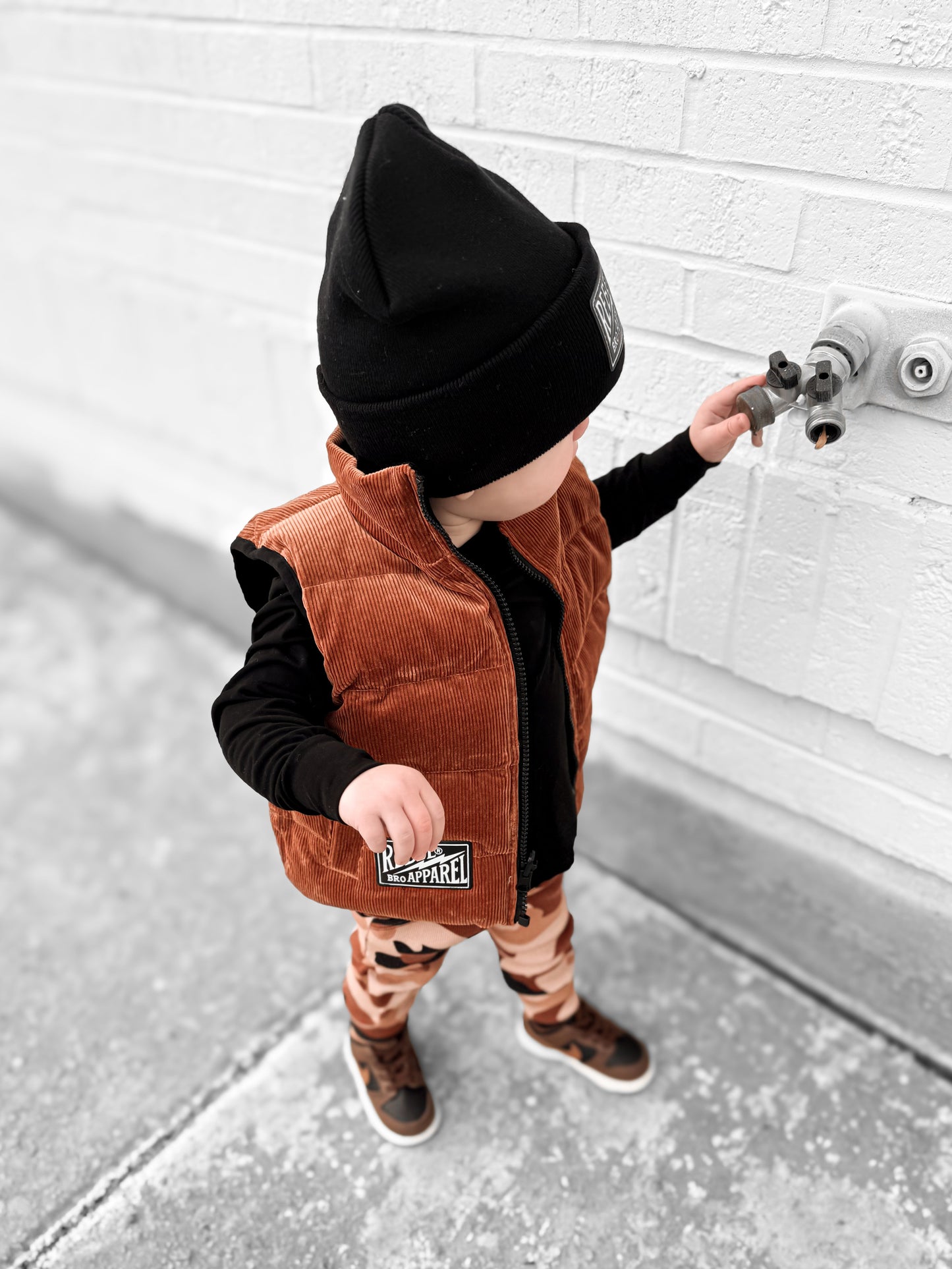 Reversible Puffer Vest in Rust + Black Corduroy