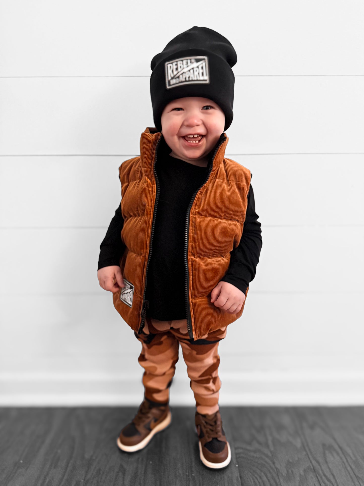 Reversible Puffer Vest in Rust + Black Corduroy