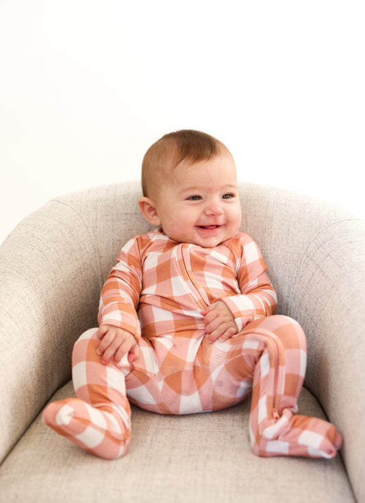 CORAL GINGHAM | ZIP ROMPER